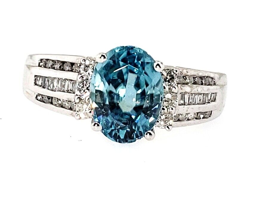 Natural Oval Blue Zircon Round & Baguette Diamond Ring 14k White Gold 3.50Ctw