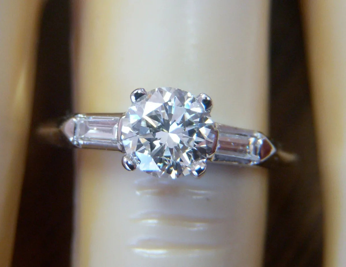 Vintage GIA Cert Platinum Diamond Engagement Ring .61ct Round Brilliant Baguette