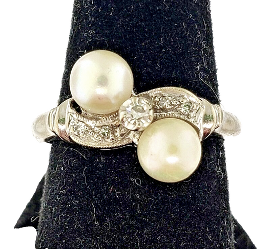 Estate Diamond Dual Pearl Moi et Toi Bypass Ring 14k White Gold Size 5.75