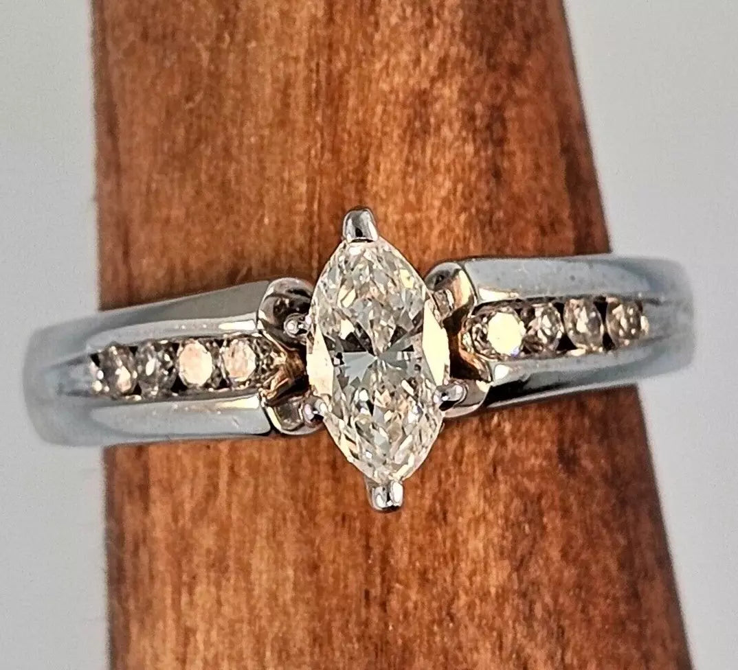 18k White Gold Marquise 1/2 CTTW Diamond & Round Accent Engagement Ring