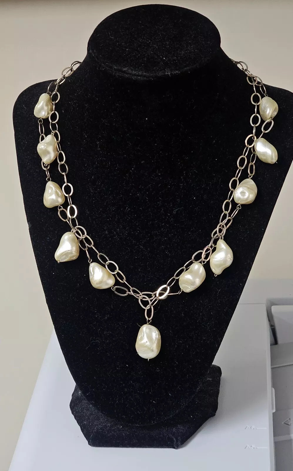 Vtg Sterling Silver Necklace 2 Layers Adjustable White Baroque Pearls 43.1 Gr