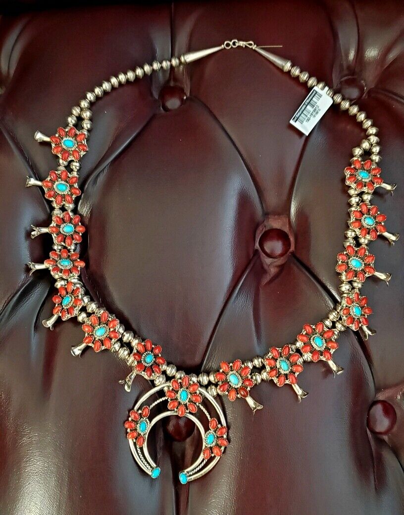 NAVAJO Sterling Silver SPINY OYSTER & TURQUOISE Squash Blossom 24" NECKLACE 113g
