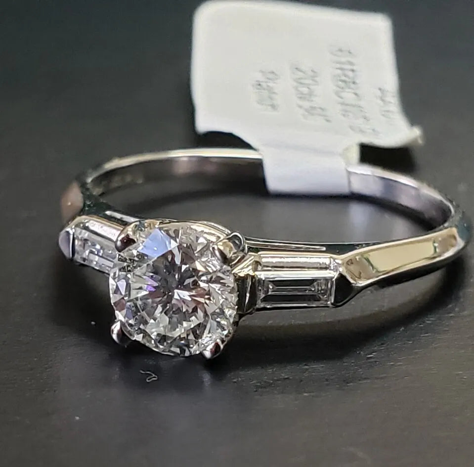 Vintage GIA Cert Platinum Diamond Engagement Ring .61ct Round Brilliant Baguette
