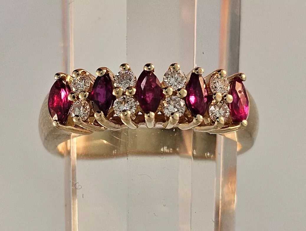 ESTATE DIAMONDS, MARQUISE RED RUBY, 14K YELLOW GOLD WEDDING ANNIVERSARY RING BAND