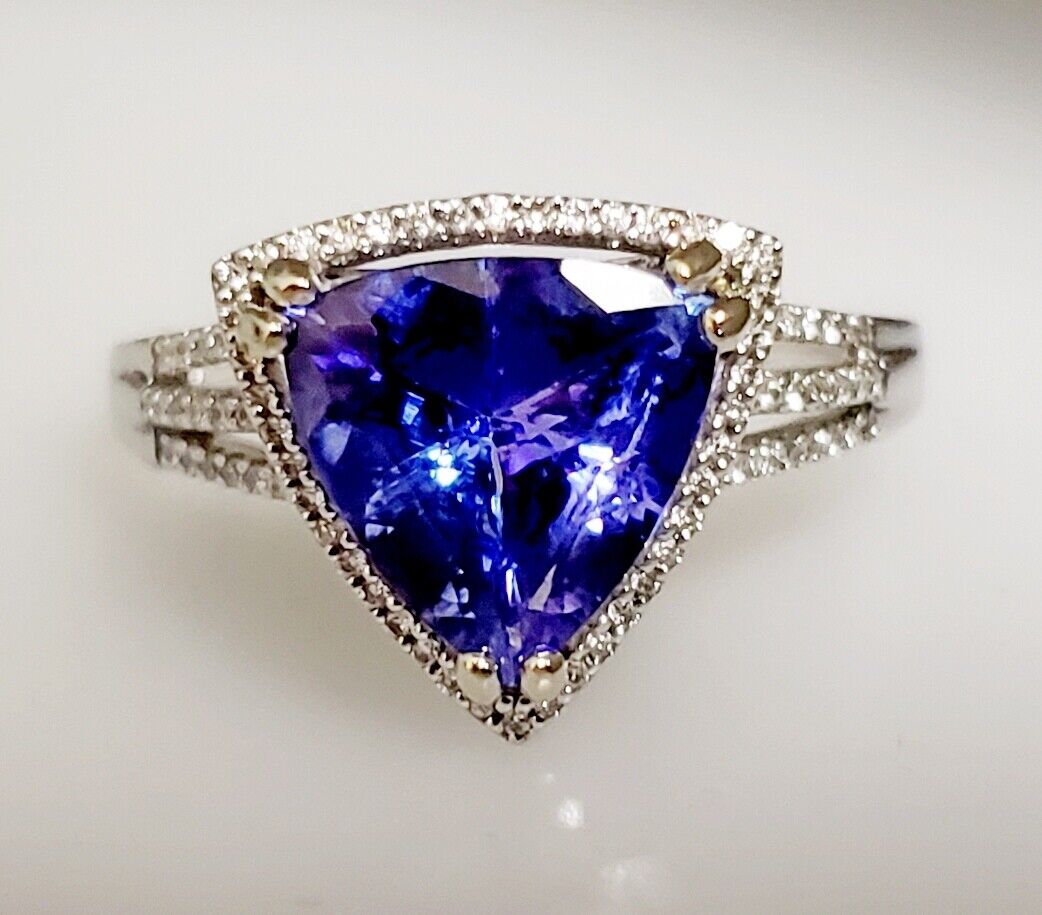 ~3.50CT 14K Gold Natural Trillion Tanzanite 1.00ctw Diamond Engagement Ring Halo