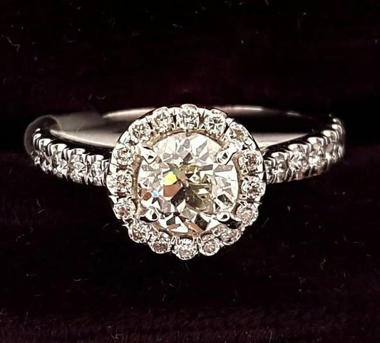 14k White Gold .91ct OLD EUROPEAN Mine Diamond Halo Engagement Ring 1.41ctw 6.5