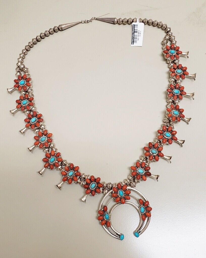NAVAJO Sterling Silver SPINY OYSTER & TURQUOISE Squash Blossom 24" NECKLACE 113g
