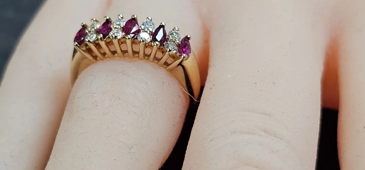 ESTATE DIAMONDS, MARQUISE RED RUBY, 14K YELLOW GOLD WEDDING ANNIVERSARY RING BAND