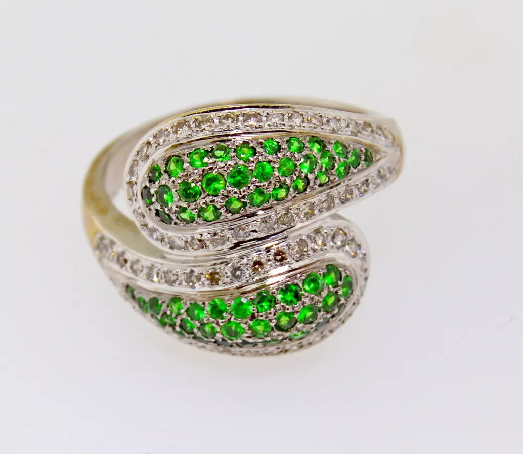 14 KT W GOLD GREEN TSAVORITE GARNETS & DIAMONDS YIN YANG BYPASS RING