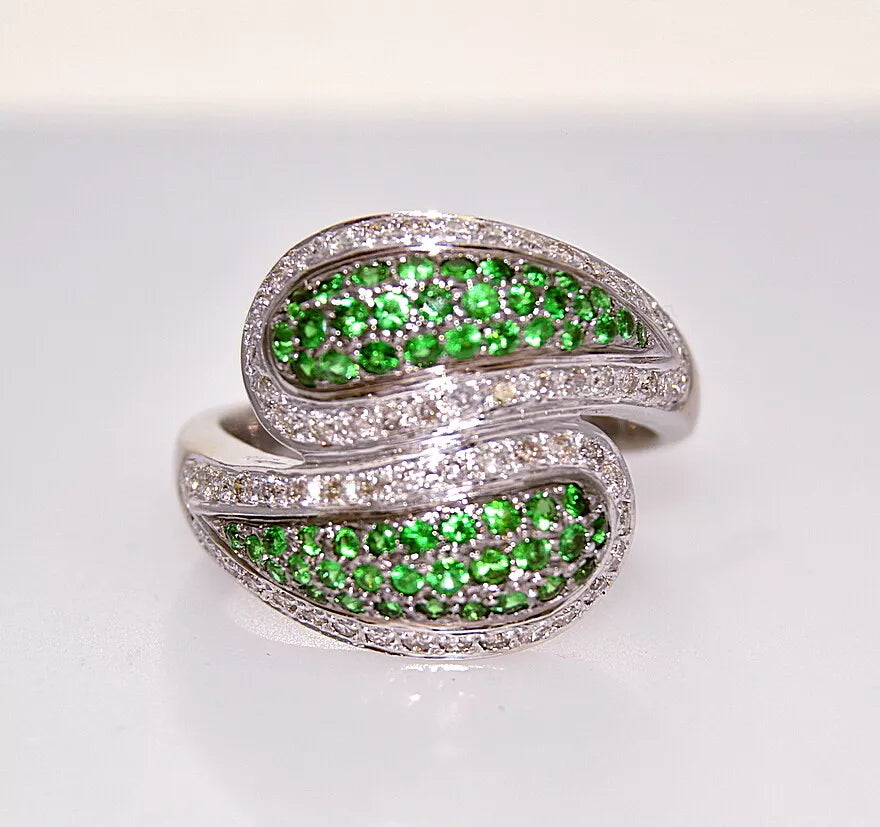 14 KT W GOLD GREEN TSAVORITE GARNETS & DIAMONDS YIN YANG BYPASS RING