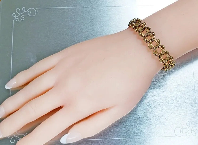 Yellow Gold 19.8g Solid Vintage 1/2" Triple Circle + Beads Charm Bracelet 6.5"
