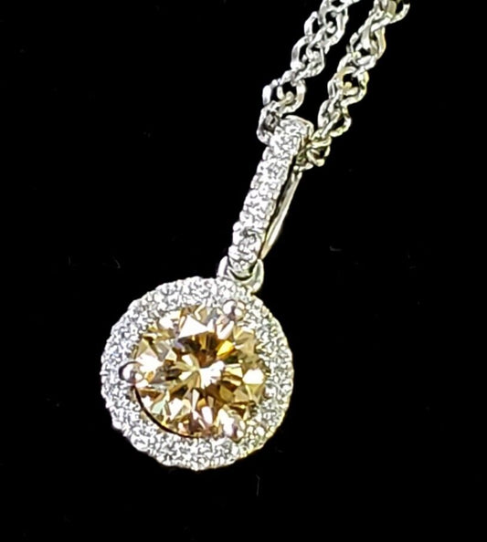 Champagne Cognac Brown Diamond Pendant Necklace Halo 14k White Gold .59 ctw