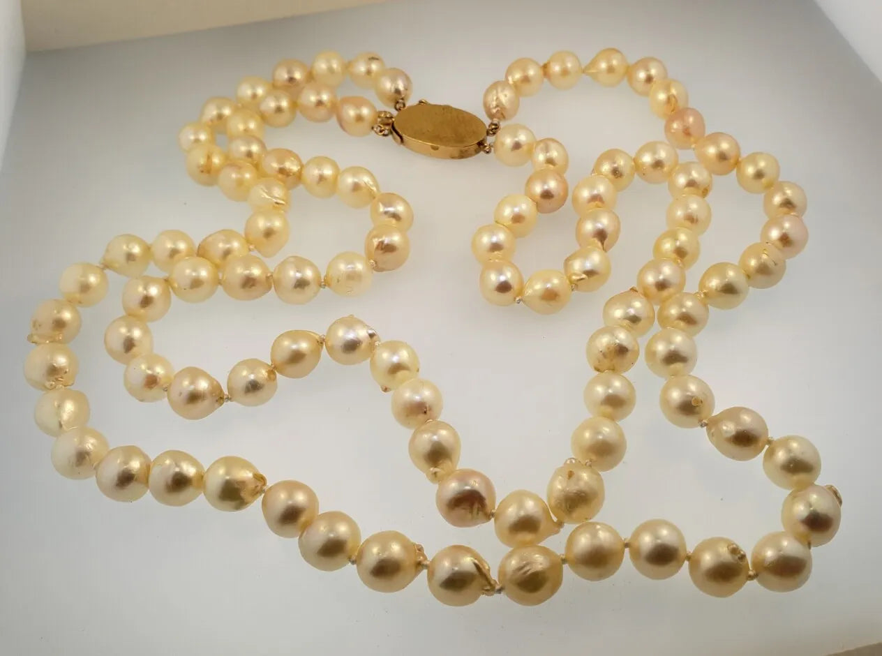 Vintage 2 Strand 8.5 - 9mm Baroque Cultured Pearl 19" Necklace 14k Gold Clasp