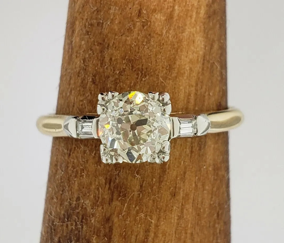 14k Gold & Platinum .69ct Old European Diamond & Baguette Ring Size 5