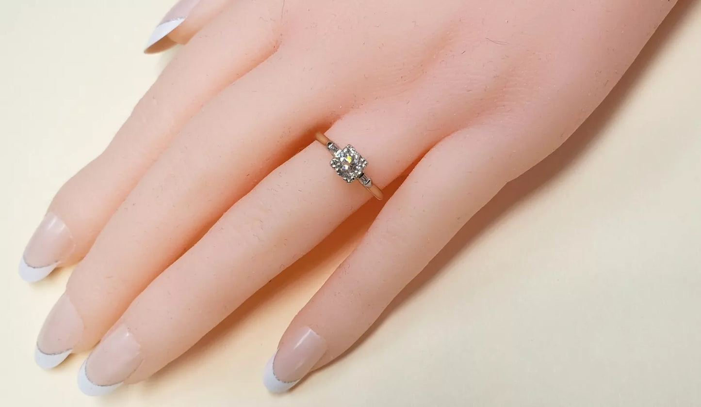 14k Gold & Platinum .69ct Old European Diamond & Baguette Ring Size 5