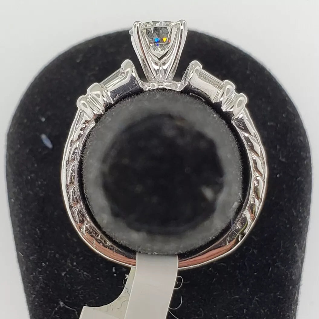 Vintage .70ct Round Brilliant Cut Diamond Baguette Engagement Ring 1ctw 14k WG