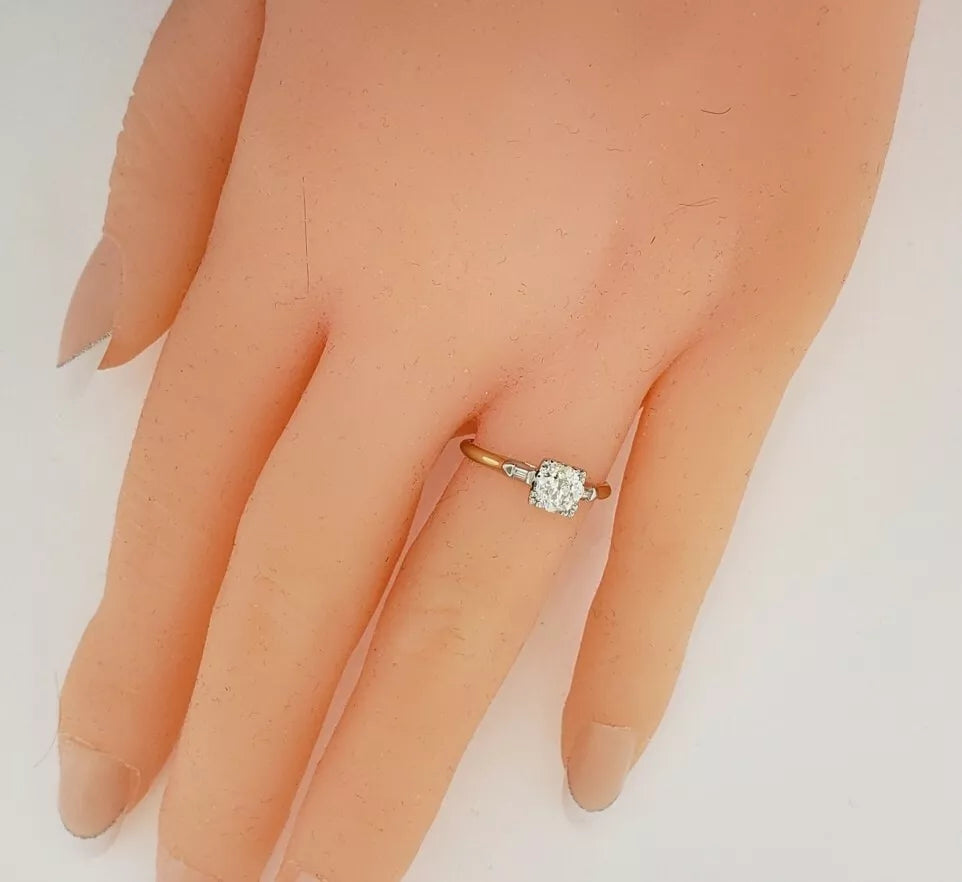 14k Gold & Platinum .69ct Old European Diamond & Baguette Ring Size 5