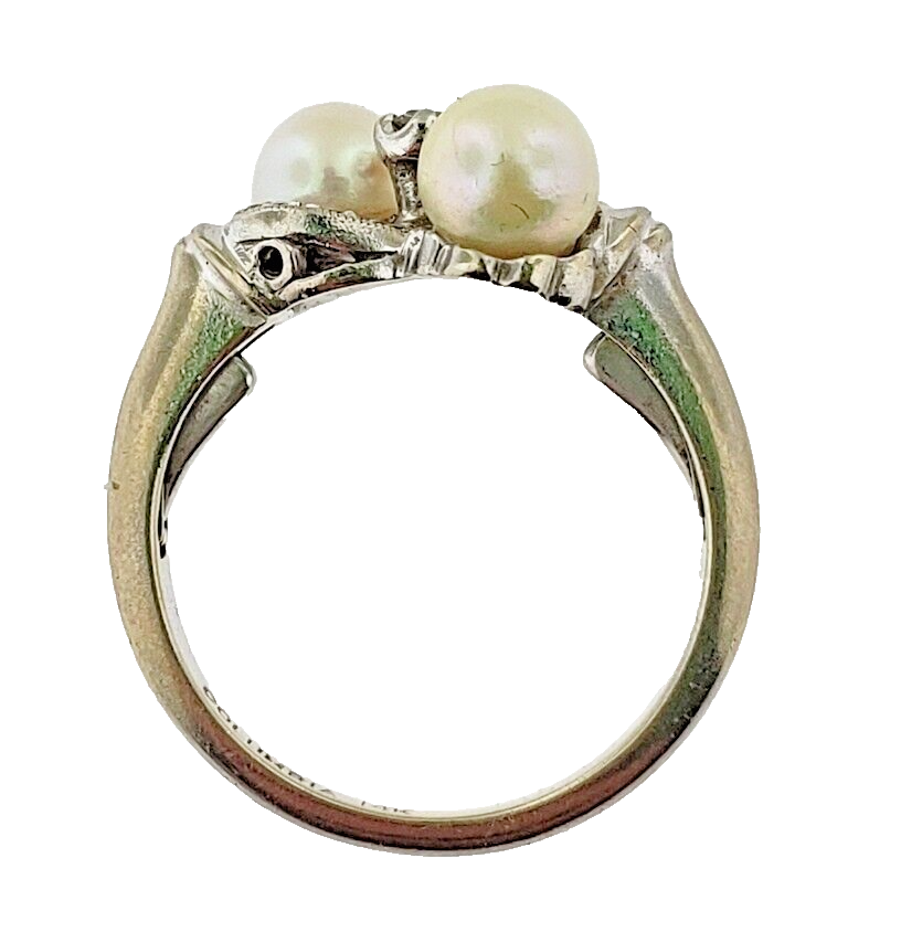 Estate Diamond Dual Pearl Moi et Toi Bypass Ring 14k White Gold Size 5.75