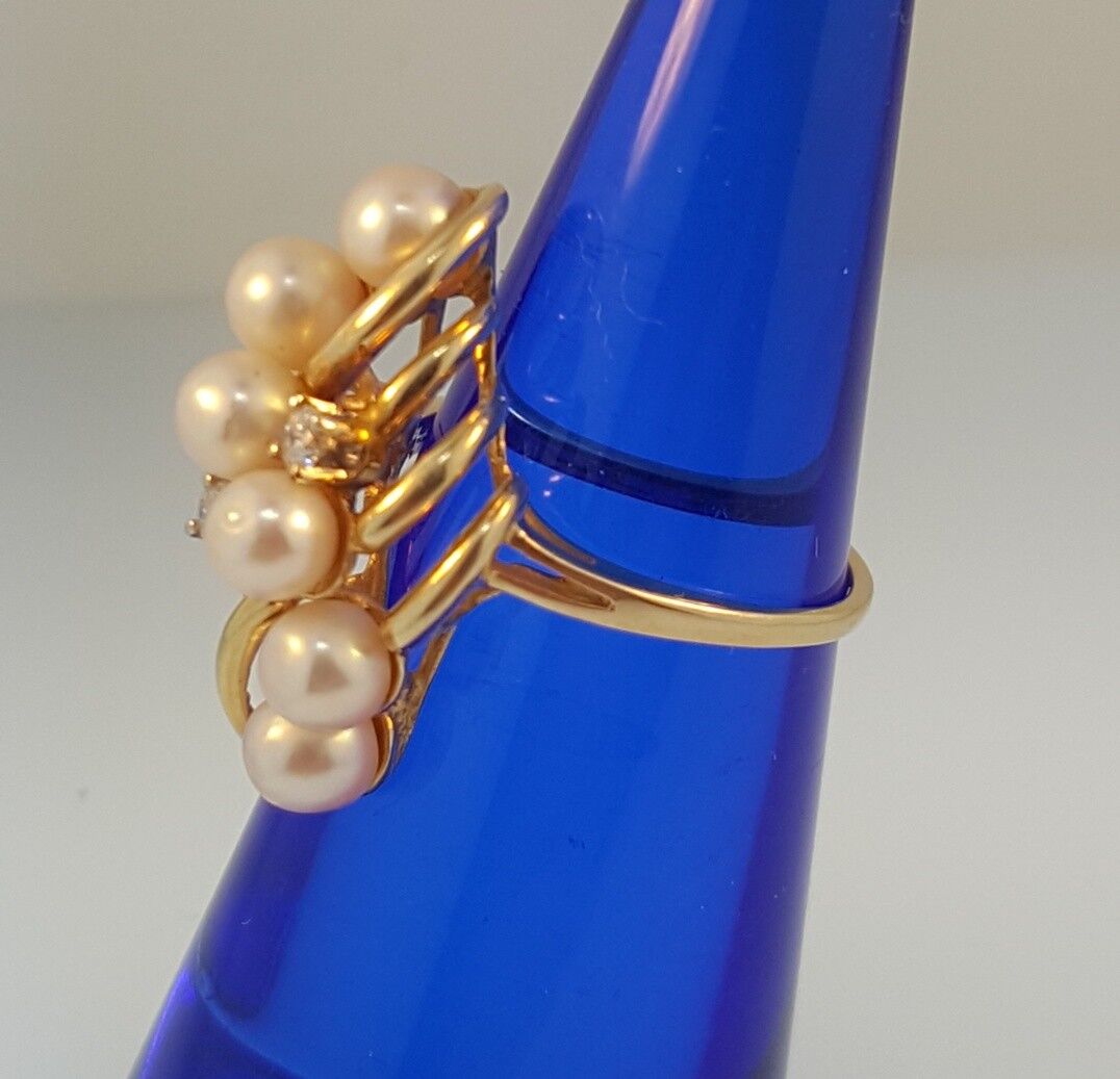 Have one to sell? Sell now 14K Yellow Gold 4.5-5 mm 6 Pearl Cluster and 2 Diamond Ring Size 5.5