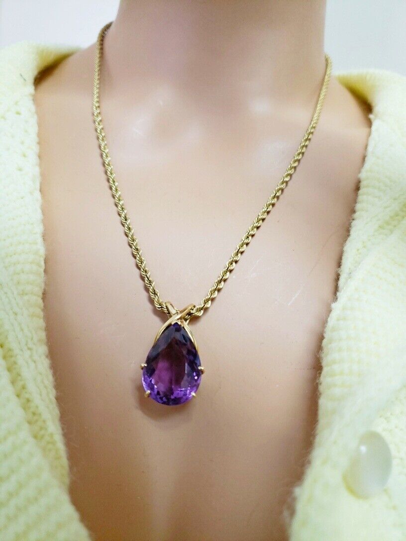14K Gold Pear Shape 24x16mm 20ct Amethyst Pendant Necklace 20" Rope Chain 25.7g