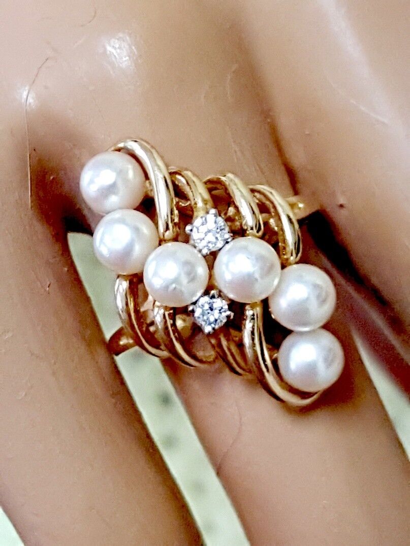 Have one to sell? Sell now 14K Yellow Gold 4.5-5 mm 6 Pearl Cluster and 2 Diamond Ring Size 5.5