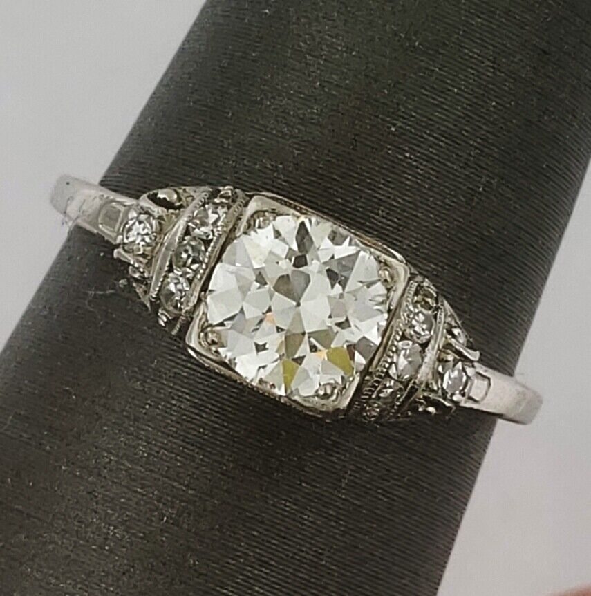 Vintage Antique Art Deco VS .70ct Center European Cut Diamond Platinum Ring Sz 6
