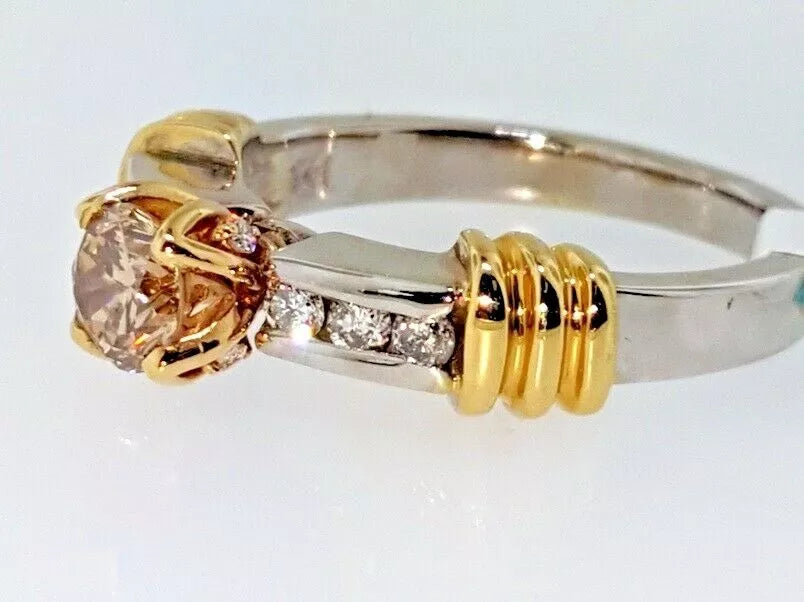 Natural Fancy Champagne Brown Diamond Engagement ring 14K white & yellow 3/4 CTW