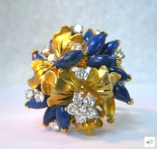 Hand Made Vintage Floral Lapis Lazuli Diamond Large Flower Ring 14k Y Gold Size 5