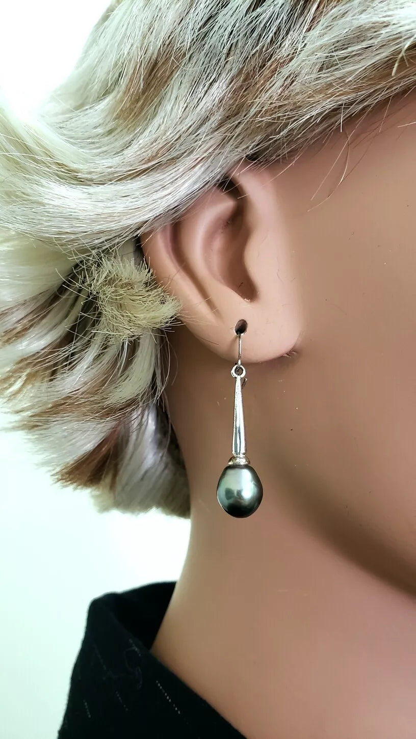 9-10MM Tahitian Black Pearl Rhodium 925 Sterling Silver Dangle Earrings