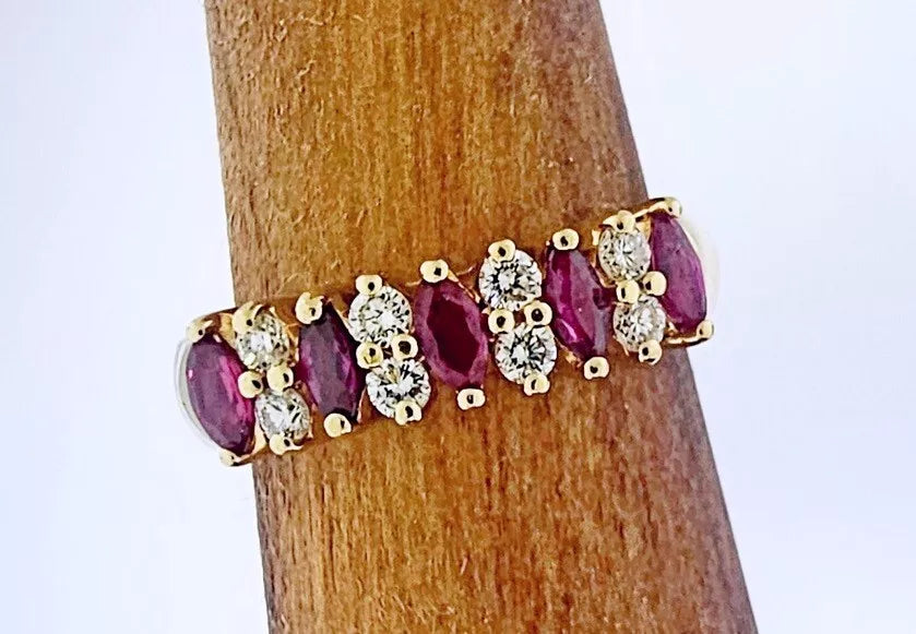 ESTATE DIAMONDS, MARQUISE RED RUBY, 14K YELLOW GOLD WEDDING ANNIVERSARY RING BAND