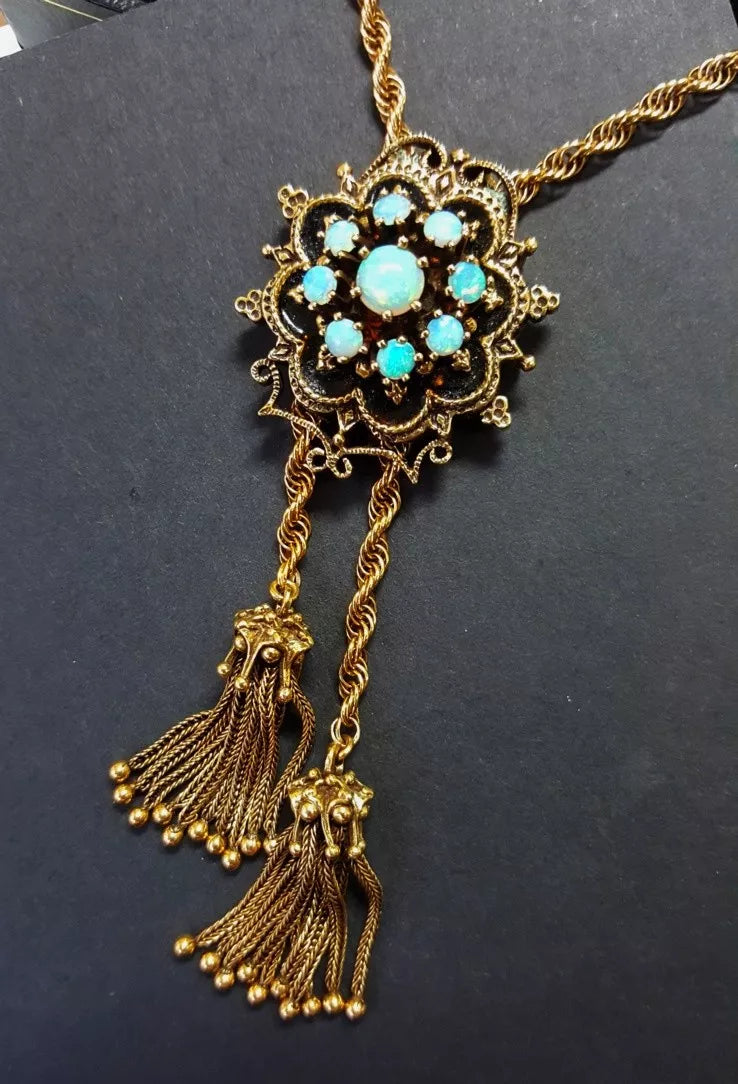 Antique Victorian 14k Y Gold Opal and Black Enamel 28" Tassel Slide Necklace