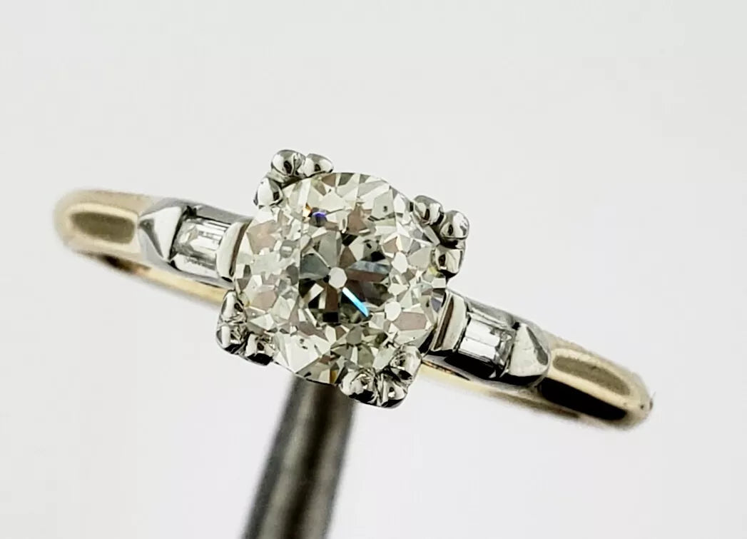 14k Gold & Platinum .69ct Old European Diamond & Baguette Ring Size 5