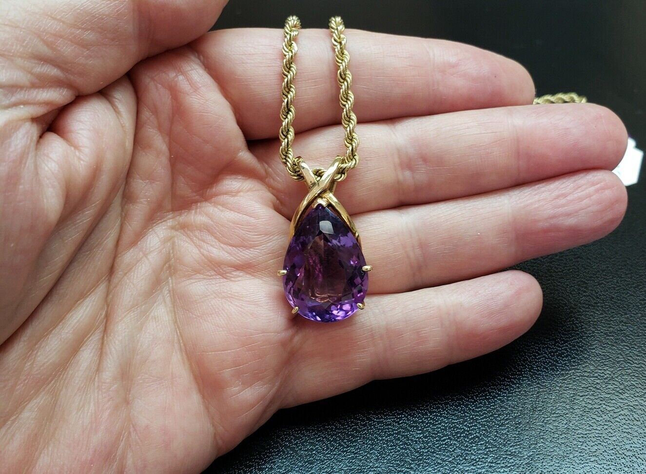 14K Gold Pear Shape 24x16mm 20ct Amethyst Pendant Necklace 20" Rope Chain 25.7g