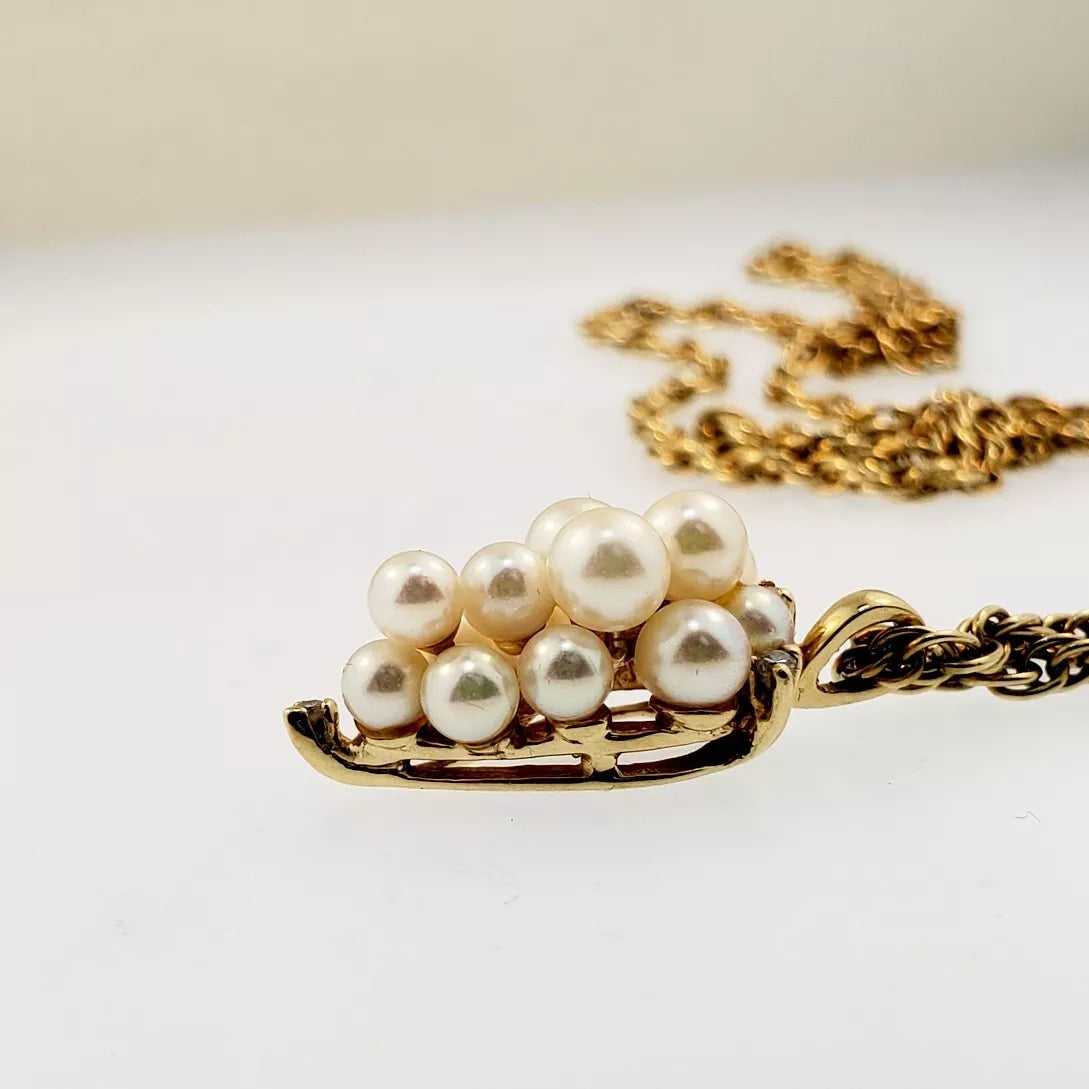 14K Yellow Gold Pearl and Diamond Enhancer Pendant Necklace + Chain