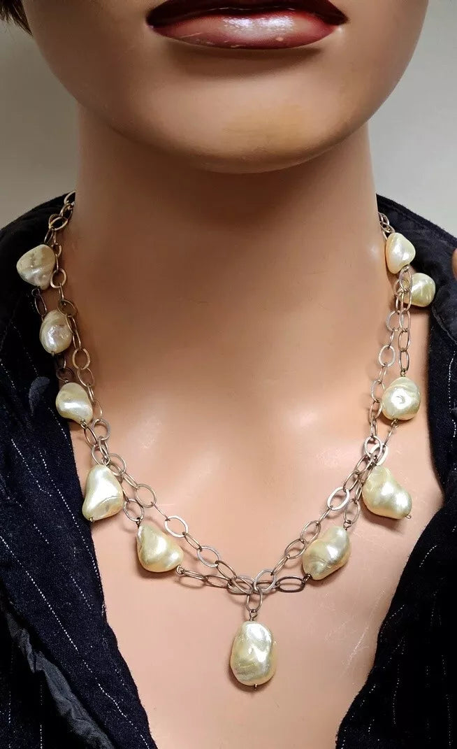 Vtg Sterling Silver Necklace 2 Layers Adjustable White Baroque Pearls 43.1 Gr