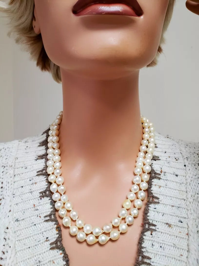 Vintage 2 Strand 8.5 - 9mm Baroque Cultured Pearl 19" Necklace 14k Gold Clasp