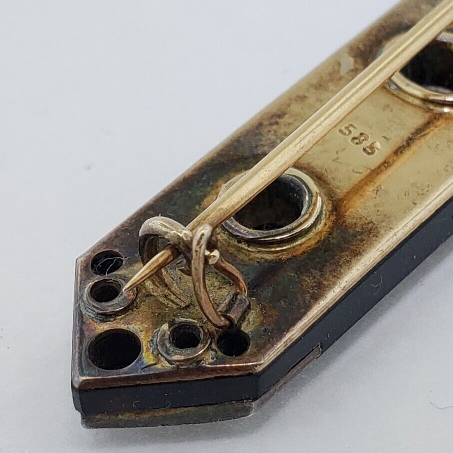 Antique 14K Gold 1.5 CTW Old Mine Diamond Onyx Pin Brooch Art Deco