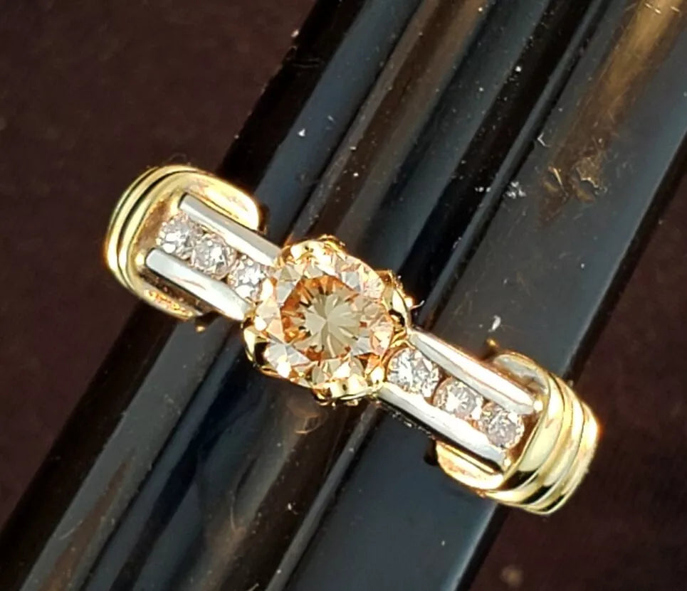 Natural Fancy Champagne Brown Diamond Engagement ring 14K white & yellow 3/4 CTW