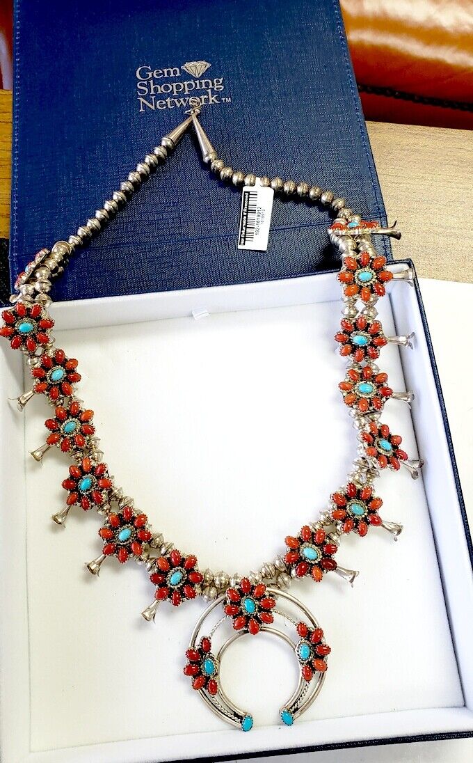 NAVAJO Sterling Silver SPINY OYSTER & TURQUOISE Squash Blossom 24" NECKLACE 113g