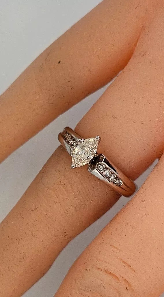 18k White Gold Marquise 1/2 CTTW Diamond & Round Accent Engagement Ring