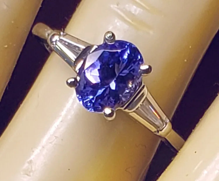 Estate Oval TANZANITE and Baguette Diamond Platinum Ring Size 6.75