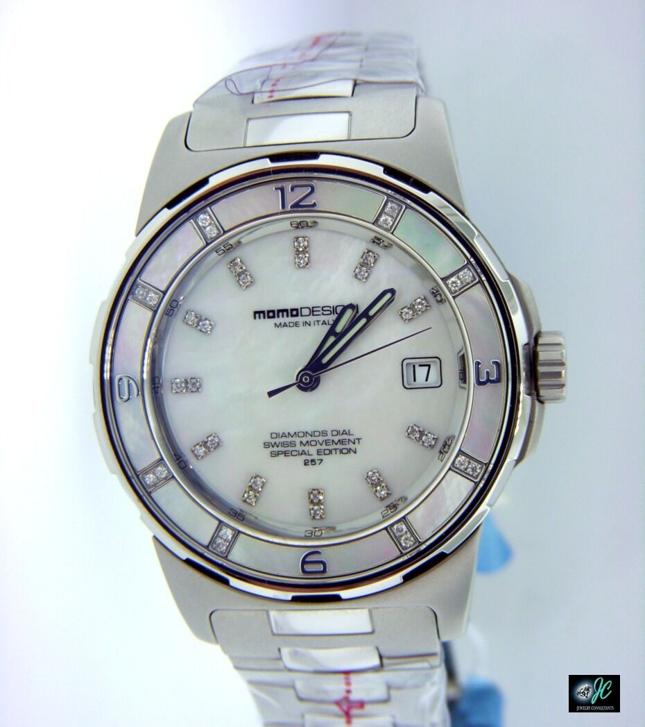 MOMO DESIGN Women's Pilot Lady MOP Dial Stainless Steel Watch Diamond Dial Bezel