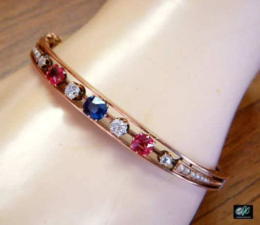 Sapphire Spinel Diamond Bead Pearl 14k Rose Gold Bangle Bracelet 1800s Victorian