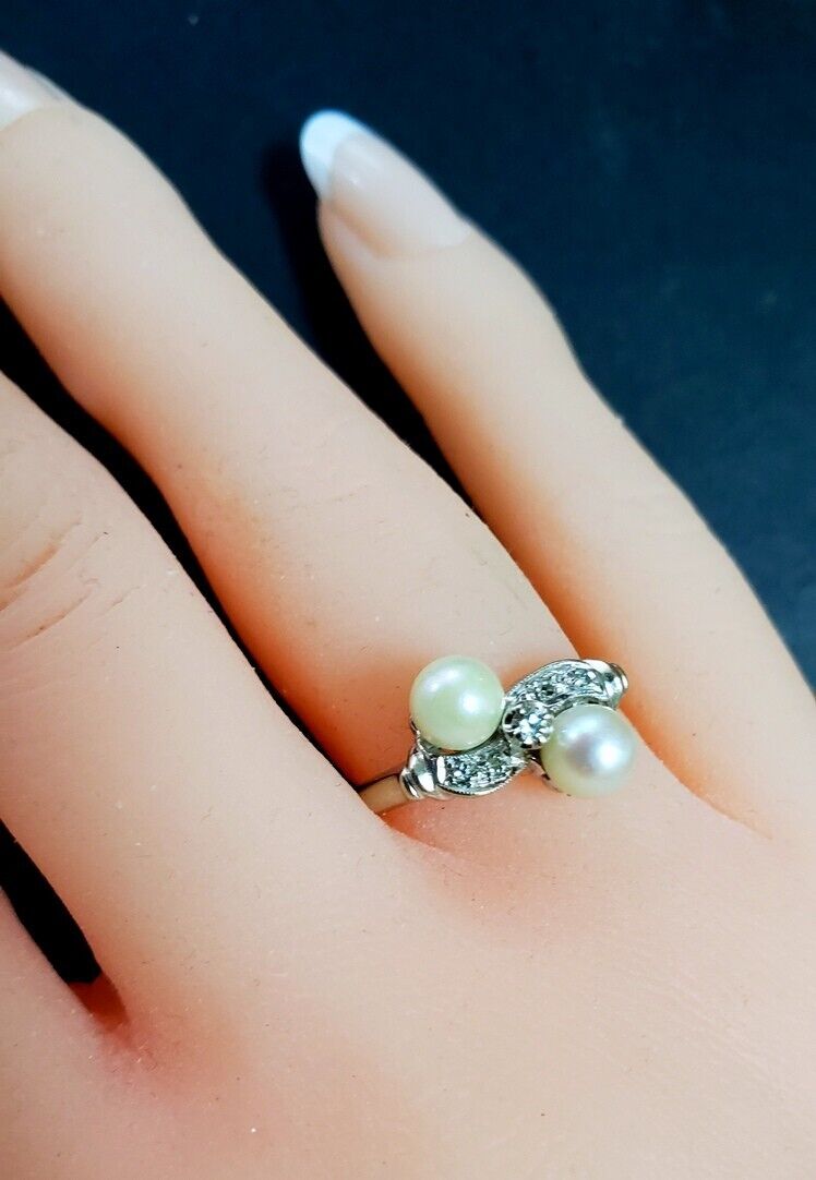 Estate Diamond Dual Pearl Moi et Toi Bypass Ring 14k White Gold Size 5.75