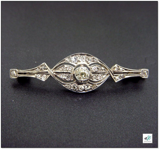 Antique Art Deco 14K white Gold 3/4 CTW Old Mine Diamond Pin Brooch