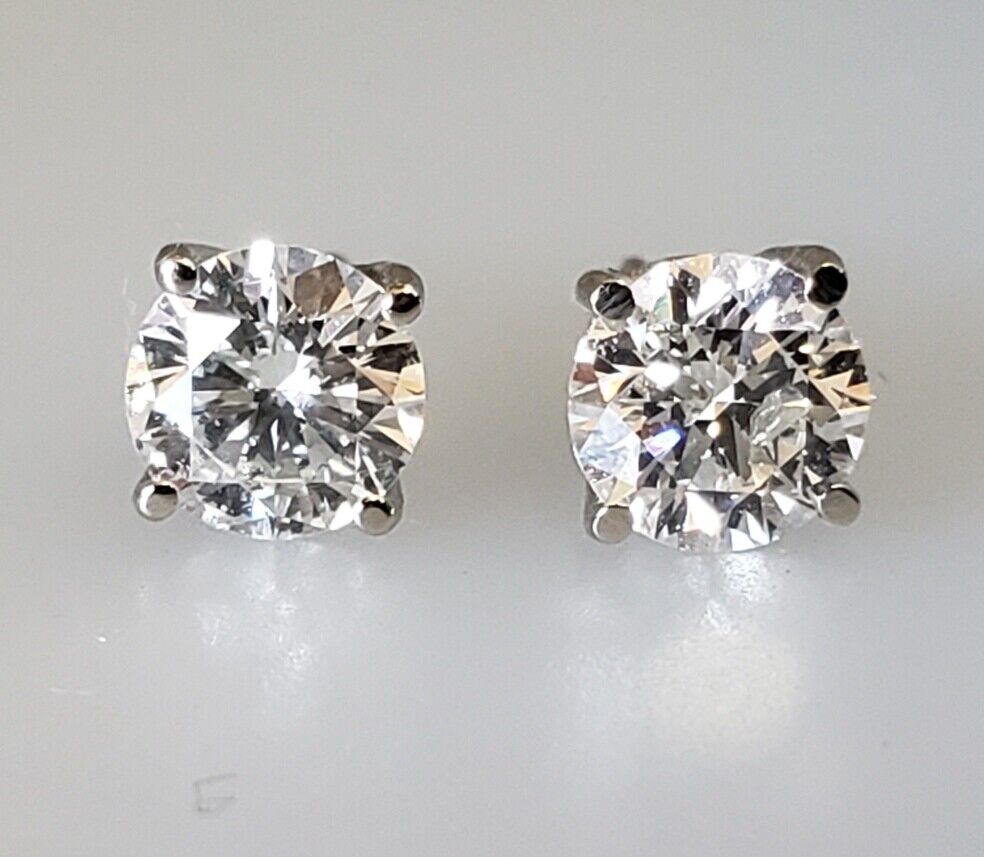New Pair of Round Brilliant Cut Diamond Stud Earrings 14k W Gold 1.02 ctw