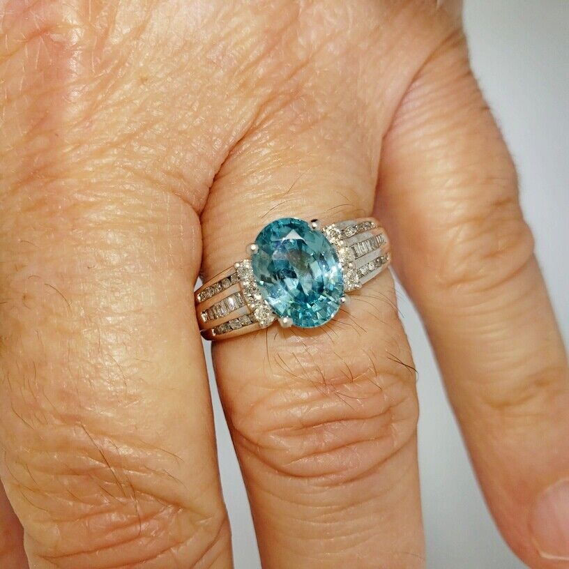 Natural Oval Blue Zircon Round & Baguette Diamond Ring 14k White Gold 3.50Ctw