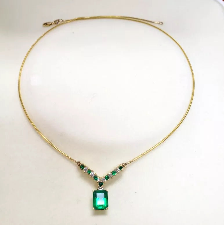 Vintage ~2.0 carats Emerald and Diamond 14K YELLOW GOLD PENDANT NECKLACE Italy