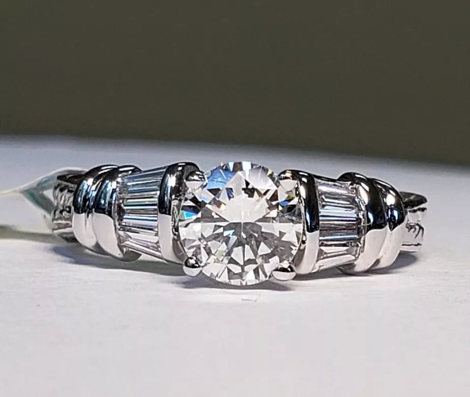 Vintage .70ct Round Brilliant Cut Diamond Baguette Engagement Ring 1ctw 14k WG