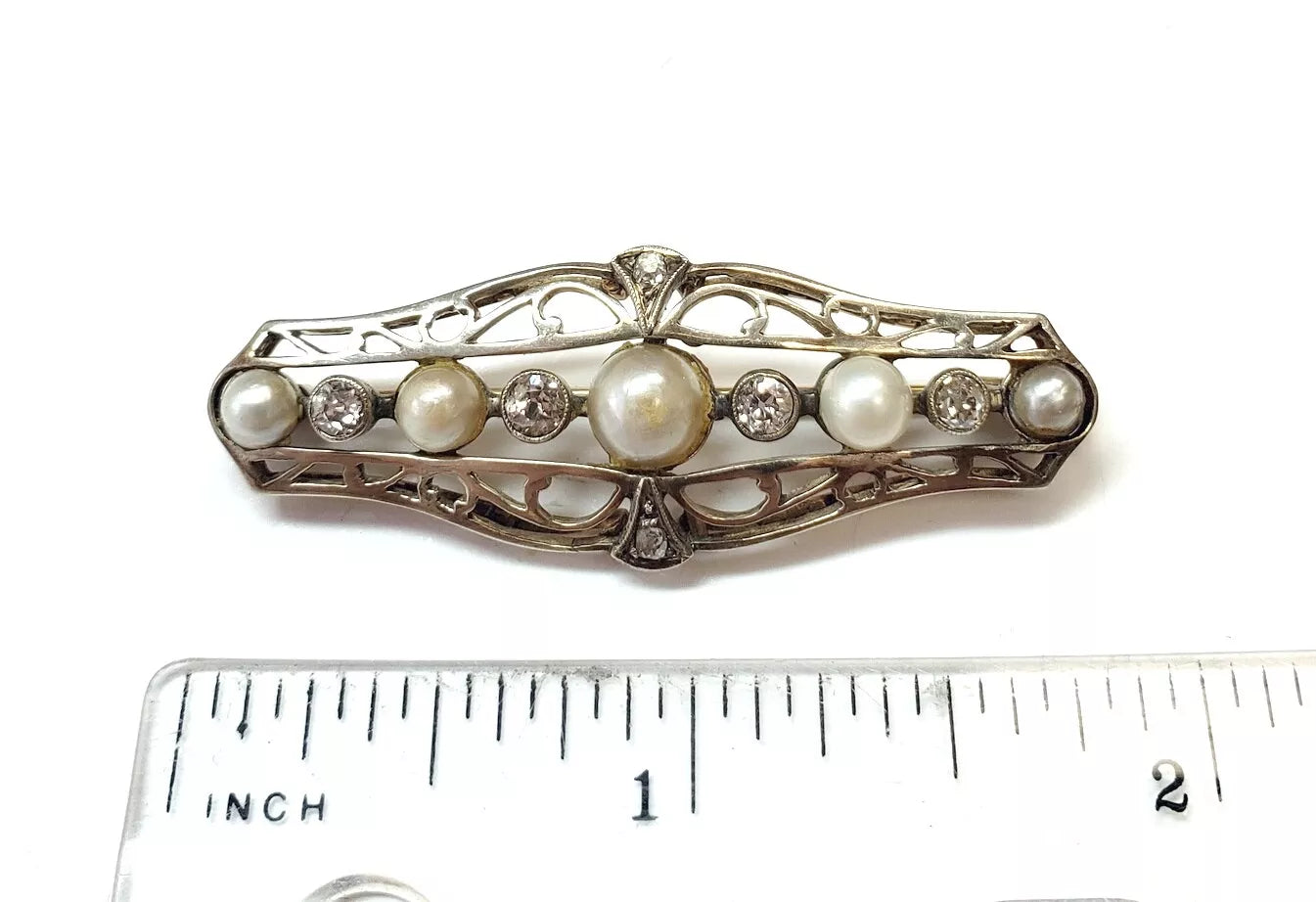 Have one to sell? Sell now Edwardian Old Mine Diamonds & Pearls Platinum 14k Gold Brooch Pin